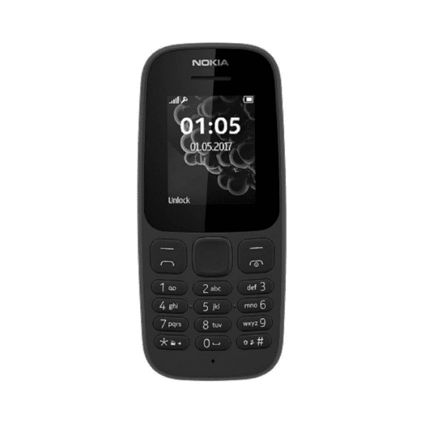 Front view of Black Nokia 105 Mobile Single SIM/FM Radio