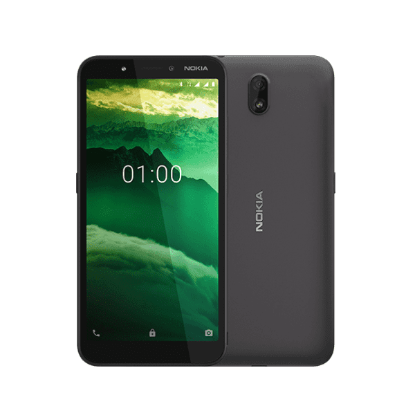 Front & Back View of Black Nokia C1 Android Mobile