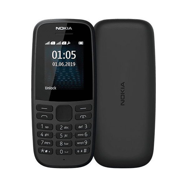 Front & Back view of Black Nokia 105 Mobile Single SIM/FM Radio