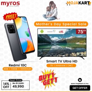 Combo Myros SMART TV 75 Ultra HD- Frameless Get Redmi 10C 4GB, 64GB