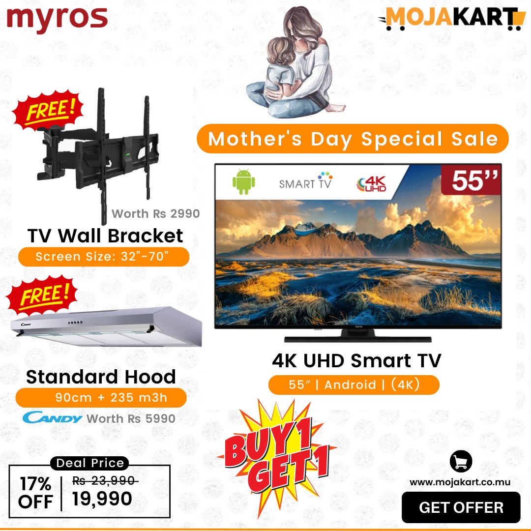 Combo Myros Smart TV 55 Inch UHD Get Candy Standard Hood 90cm + Myros TV Wall Bracket