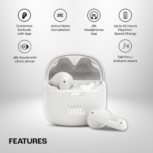 JBL Tune Flex in Ear Wireless TWS Earbuds with Mic, ANC Earbuds, Customized Extra Bass with Headphones App, 32 Hrs Battery, 4-Mics, IPX4, Ambient Aware, Bluetooth 5.2 (White)