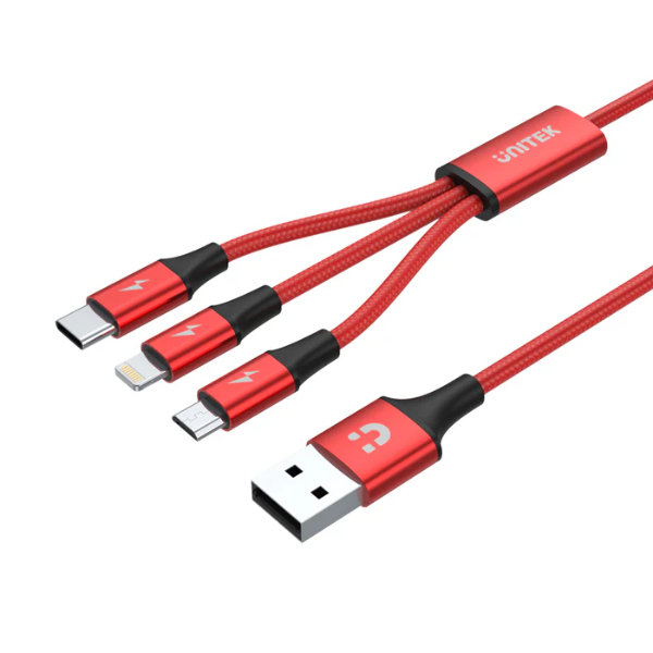 Unitek 3-in-1 USB-A to USB-C Micro USB Lightning Multi Charging Cable (Red Edition)