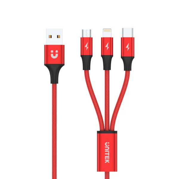 Unitek 3-in-1 USB-A to USB-C Micro USB Lightning Multi Charging Cable (Red Edition)