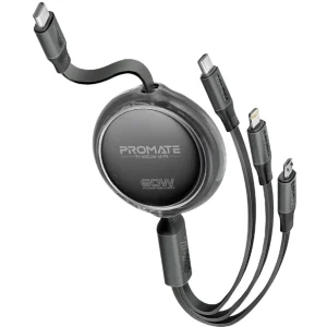 PROMATE TRIOCORD-R.BLACK 3-in-1 Ultra-Fast Retractable Multi-Connector Cable