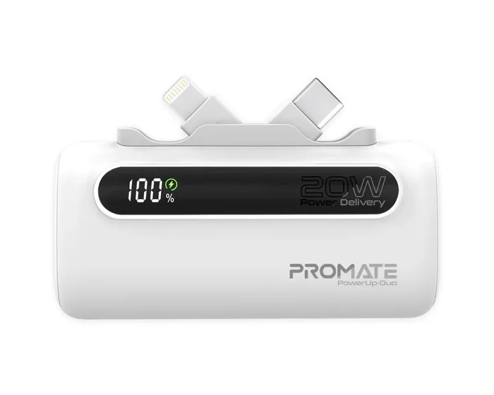 PROMATE POWERUP-DUO.WHITE 5000mAH PowerBank 20W PD with Lightning Connector and Type-C Connector